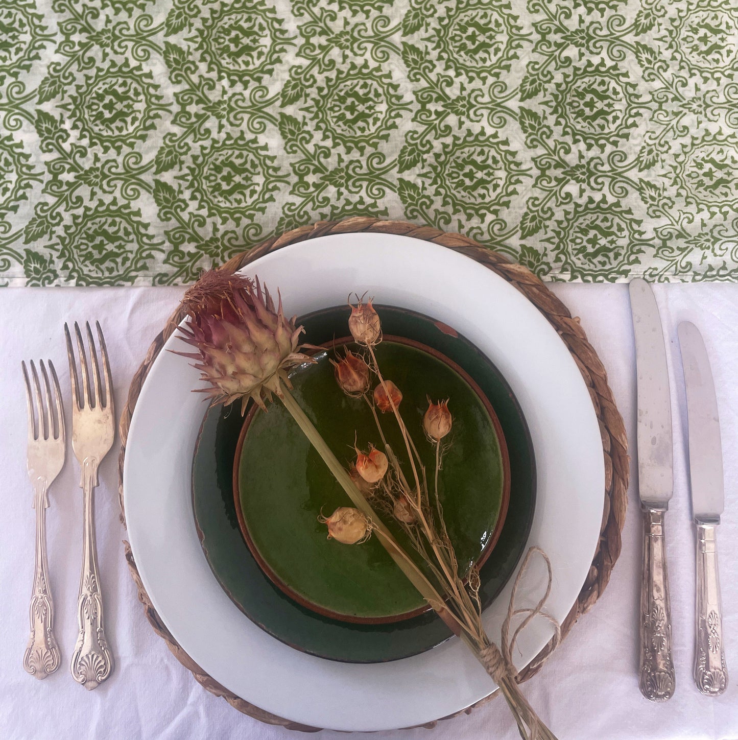 HAND PRINTED TABLECLOTH - DANCING HARES
