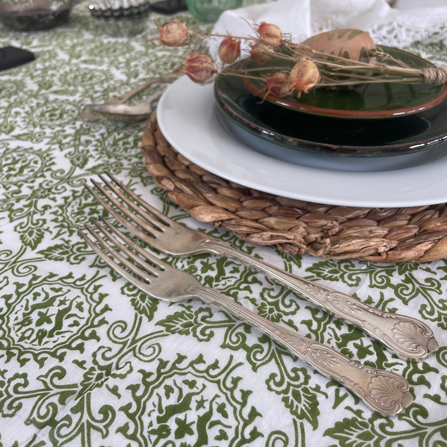 HAND PRINTED TABLECLOTH - DANCING HARES