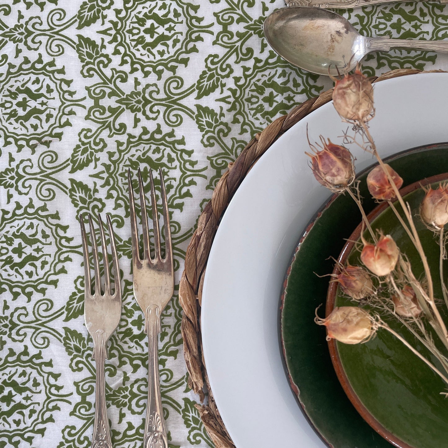 HAND PRINTED TABLECLOTH - DANCING HARES