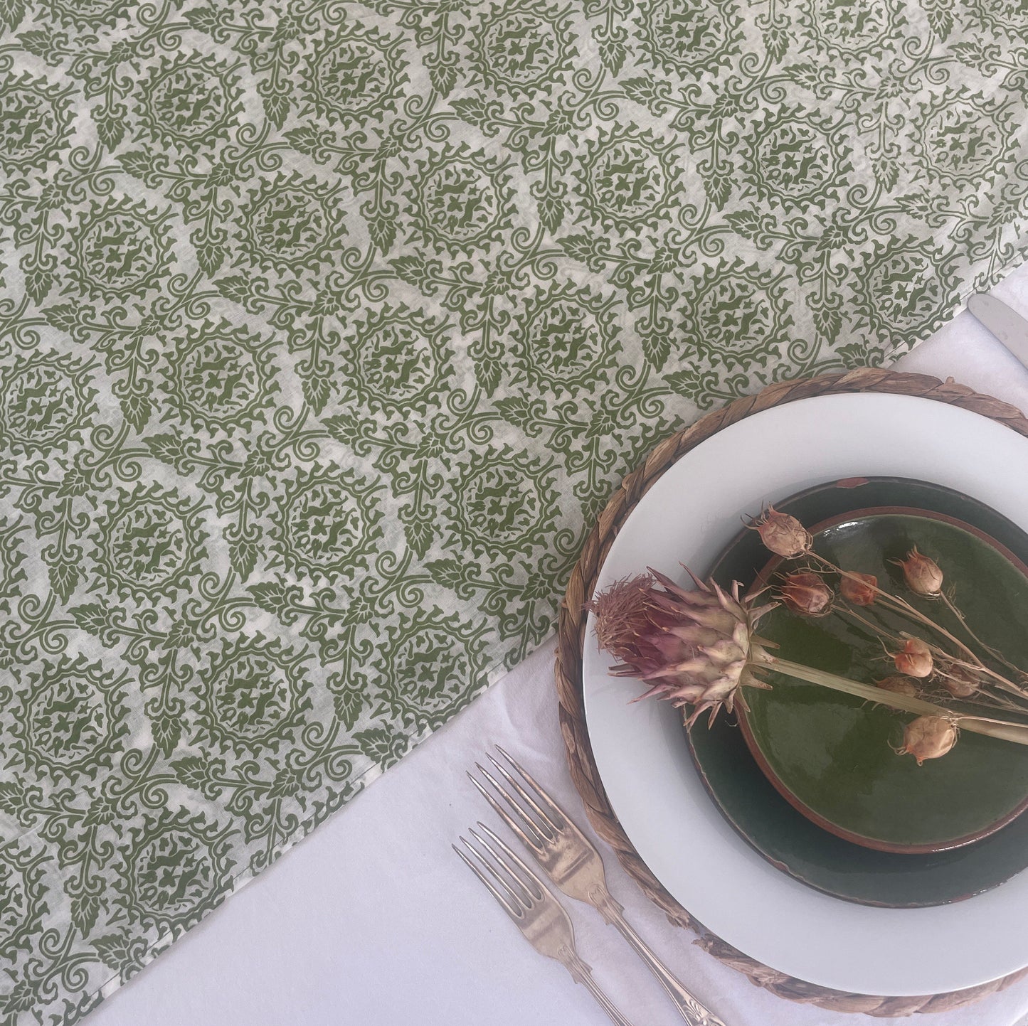 HAND PRINTED TABLECLOTH - DANCING HARES