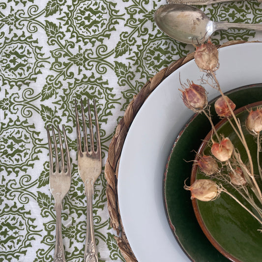 HAND PRINTED TABLECLOTH - DANCING HARES